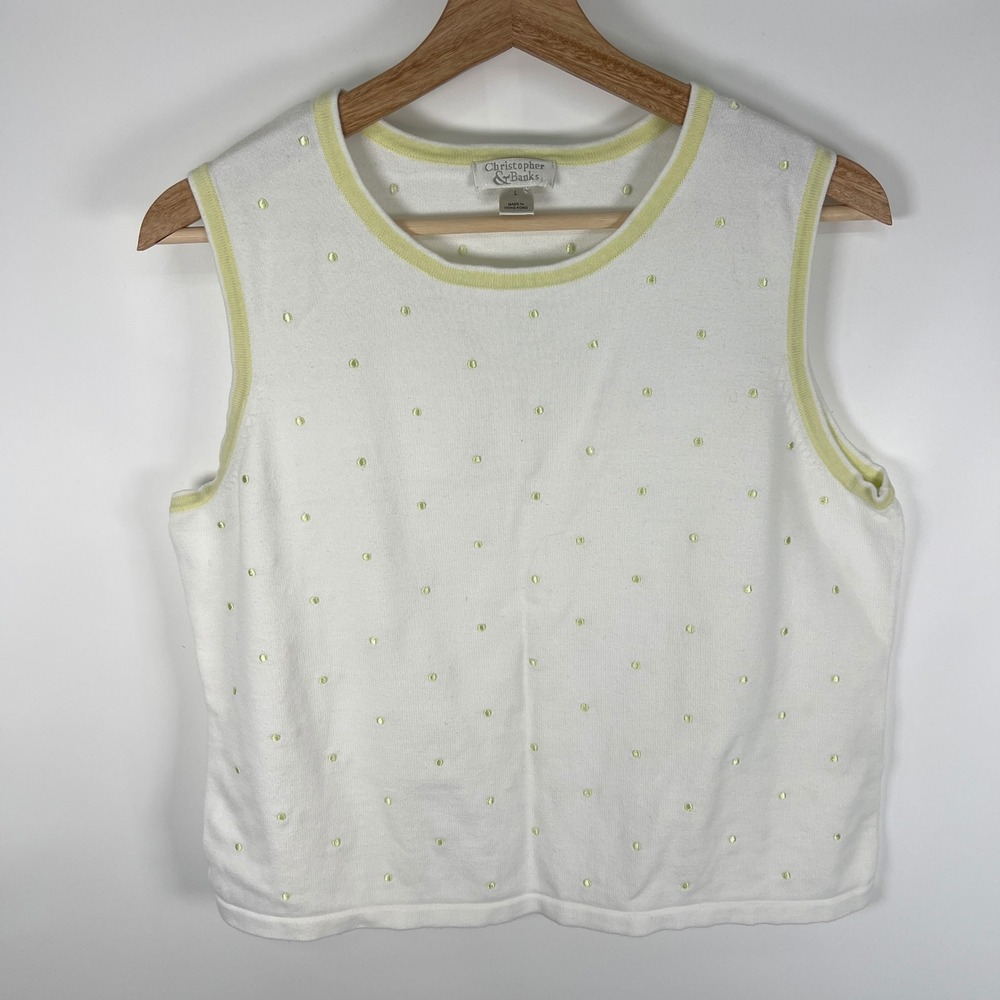 Christopher & Banks White Lime Green Polka Dot Cotton Sweater Vest Large Y2K Vtg